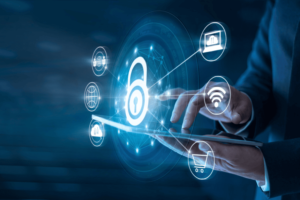 .Businessman using tablet and set up network connection with shield guard to protected from cyber attacks.